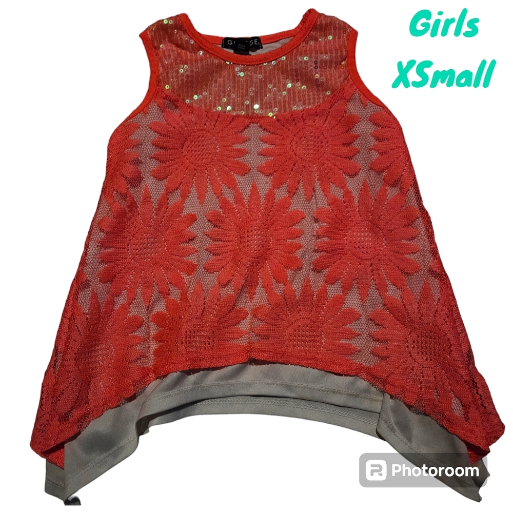 George Girls XSmall 4-5 Bright Pink Coral Tank Lace Overlay Flower Sequin Summer